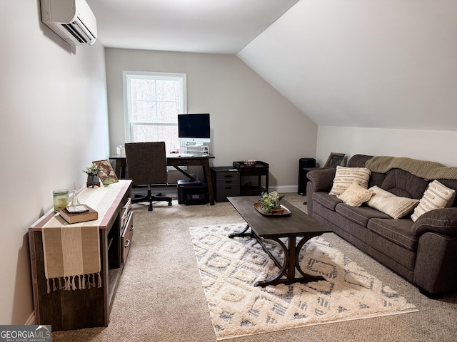 living room featuring vaulted ceiling, a wall mounted AC, carpet, and baseboards