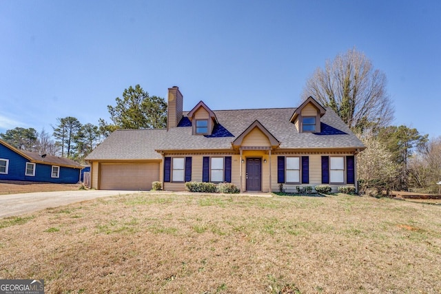 view of front of house with roof with shingles, a chimney, an attached garage, driveway, and a front lawn