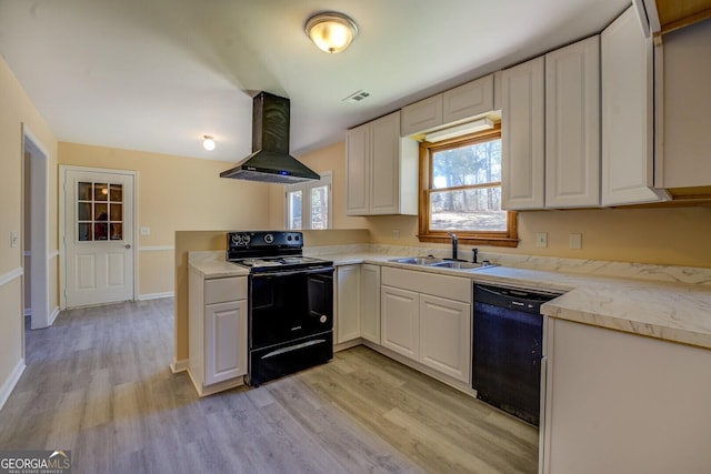 kitchen with light wood finished floors, black appliances, ventilation hood, and a sink