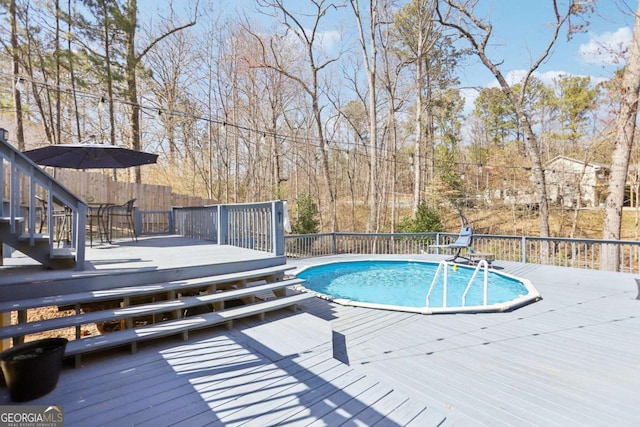 view of swimming pool with a fenced in pool and a wooden deck