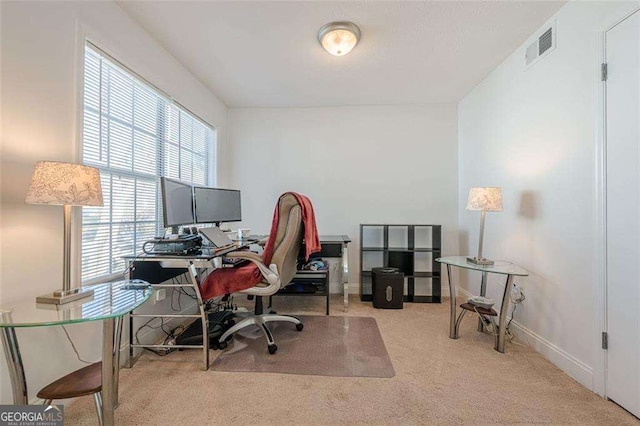 office area featuring carpet, visible vents, and baseboards