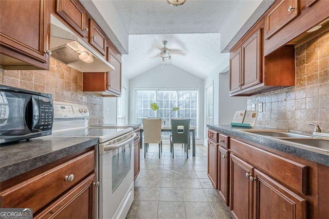 kitchen with dark countertops, electric stove, black microwave, and under cabinet range hood