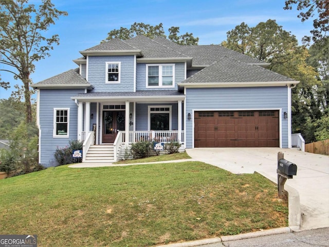 view of front facade with covered porch, a garage, a shingled roof, concrete driveway, and a front lawn