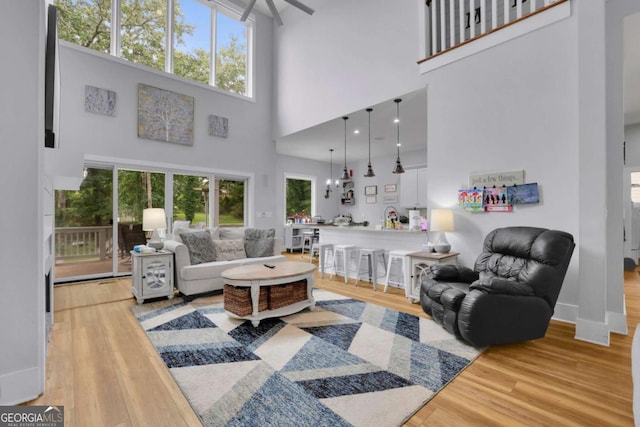 living room with a healthy amount of sunlight, baseboards, and wood finished floors