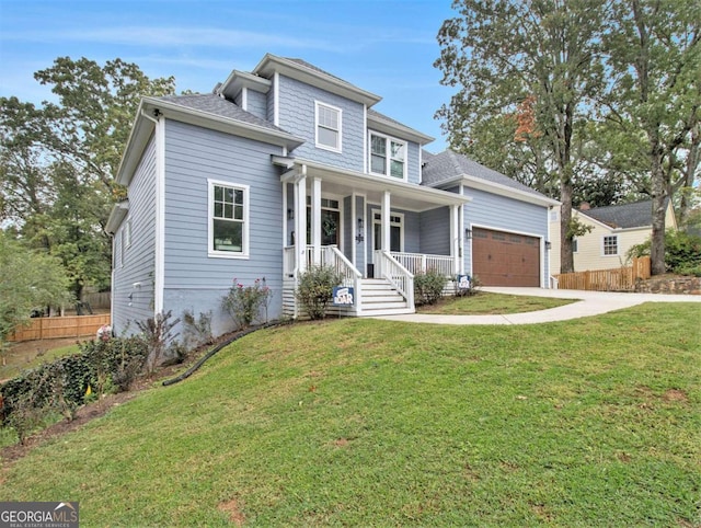 view of front facade featuring covered porch, concrete driveway, a front lawn, and an attached garage