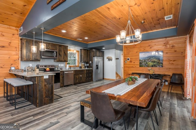 dining room featuring a chandelier, wooden ceiling, wooden walls, and wood finished floors