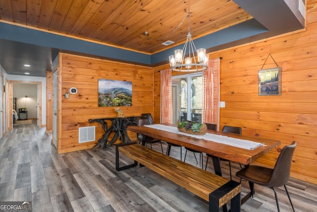 dining space with a chandelier, wooden ceiling, wood walls, wood finished floors, and visible vents