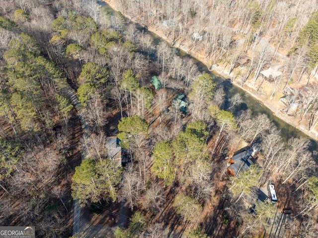 drone / aerial view featuring a forest view