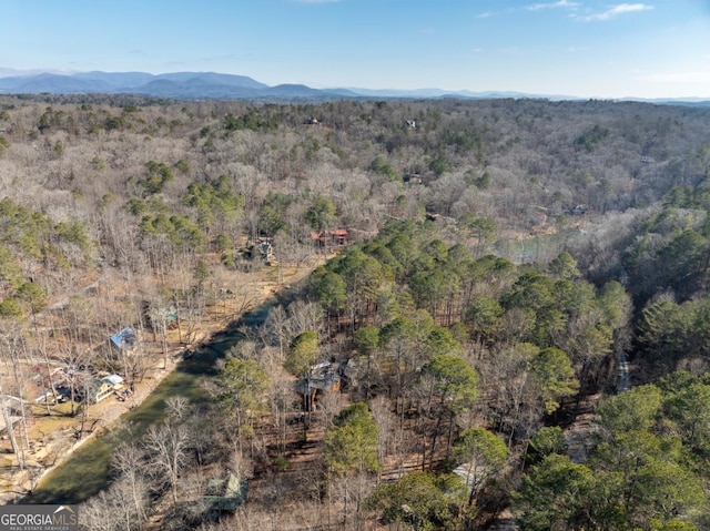 bird's eye view featuring a mountain view and a view of trees