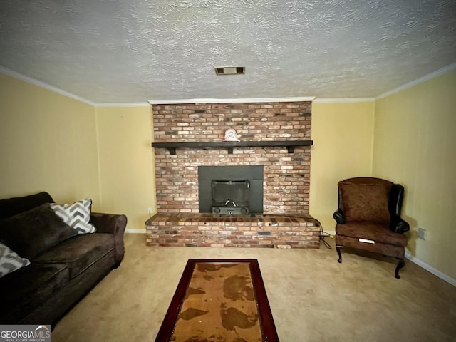 carpeted living area featuring baseboards, a fireplace, ornamental molding, and a textured ceiling