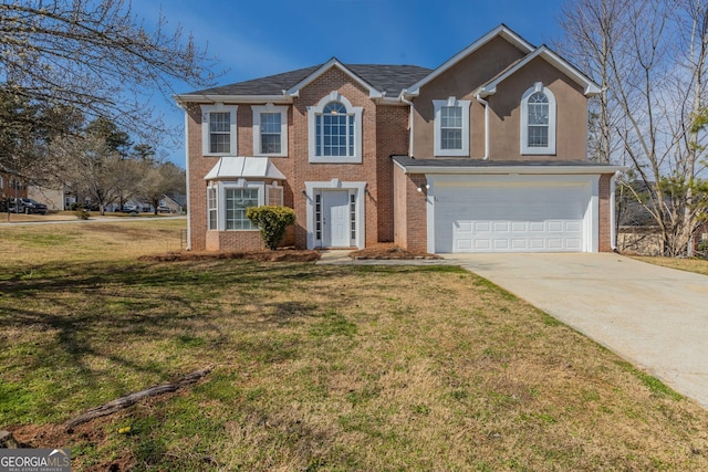 view of front of property featuring an attached garage, a front yard, concrete driveway, and brick siding