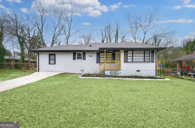 ranch-style house featuring crawl space, fence, a front yard, a porch, and brick siding