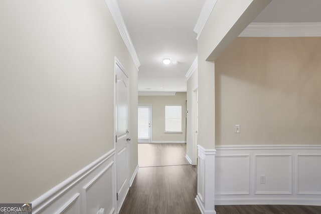 corridor with a wainscoted wall, dark wood finished floors, crown molding, and a decorative wall