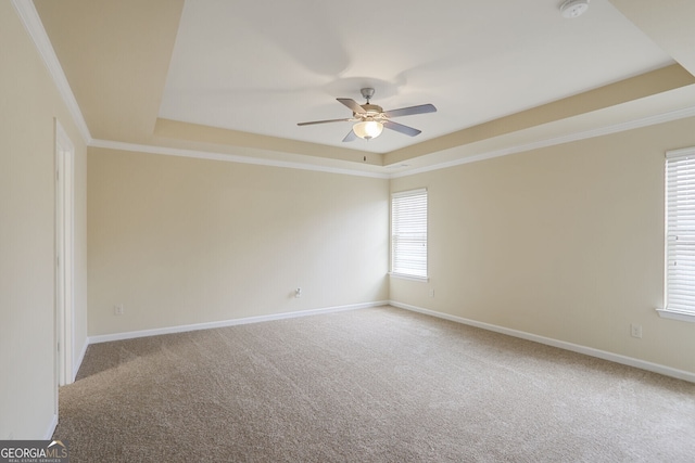 carpeted spare room with crown molding, baseboards, a raised ceiling, and a wealth of natural light