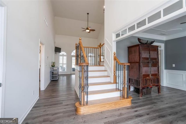 stairs with a decorative wall, wood finished floors, a towering ceiling, a ceiling fan, and wainscoting