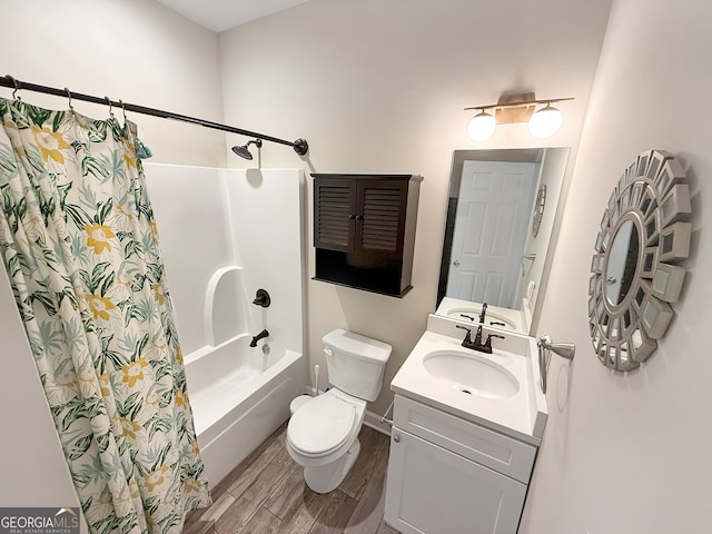 full bath with toilet, shower / bathtub combination with curtain, wood finished floors, and vanity