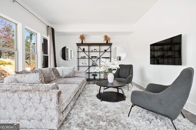 living area with baseboards and wood finished floors