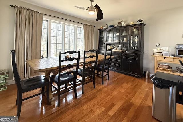 dining room featuring ceiling fan and wood finished floors