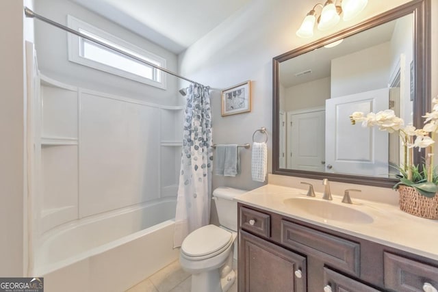 full bath featuring visible vents, toilet, shower / tub combo, tile patterned floors, and vanity