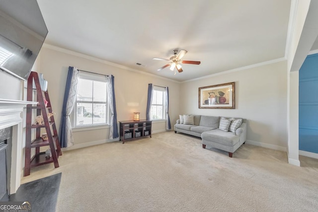 carpeted living area with a ceiling fan, a fireplace, visible vents, and ornamental molding