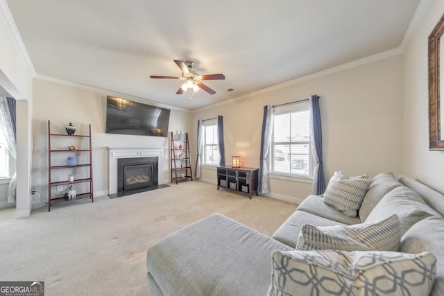 carpeted living area featuring ceiling fan, baseboards, a fireplace with flush hearth, and ornamental molding