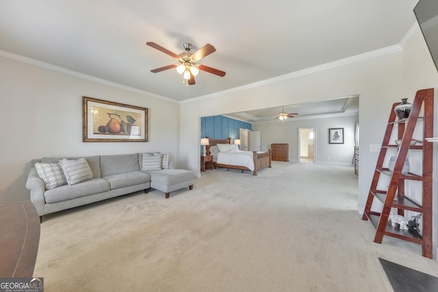 bedroom featuring light carpet, baseboards, ceiling fan, and ornamental molding