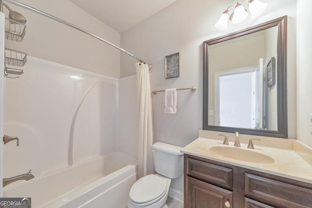 bathroom featuring vanity, toilet, and shower / bathtub combination with curtain