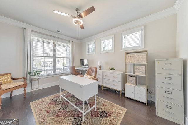 office featuring baseboards, a ceiling fan, ornamental molding, and dark wood finished floors