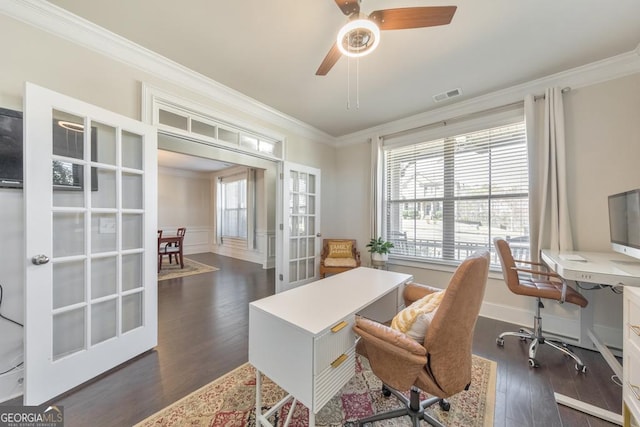 home office featuring dark wood finished floors, plenty of natural light, visible vents, and ornamental molding