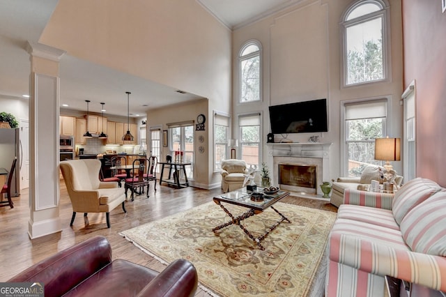 living room featuring light wood finished floors, a premium fireplace, a wealth of natural light, and crown molding