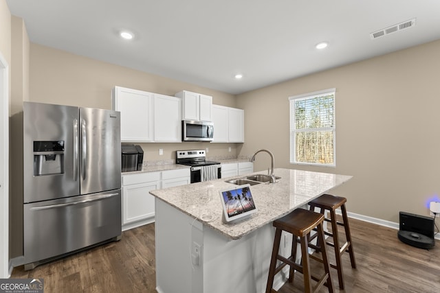 kitchen featuring visible vents, dark wood finished floors, stainless steel appliances, white cabinetry, and a sink