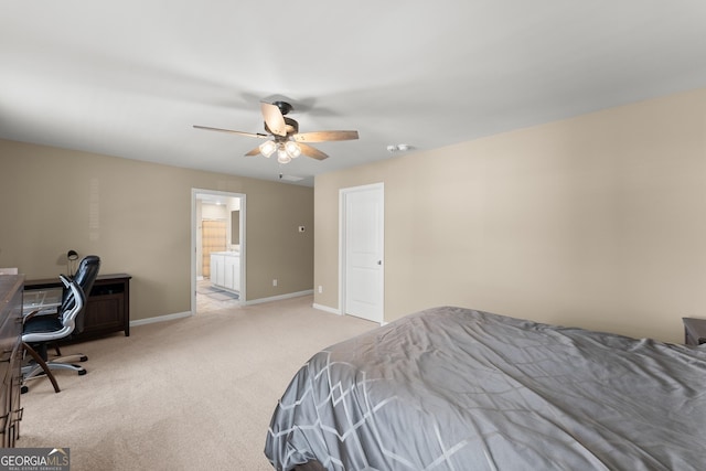 carpeted bedroom featuring ceiling fan, baseboards, and ensuite bathroom