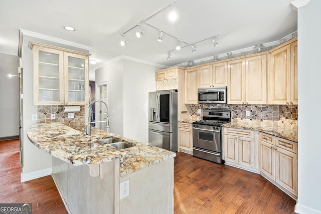 160 Deer Cliff Cv, Lawrenceville, GA 30043 - kitchen featuring glass insert cabinets, crown molding, a peninsula, stainless steel appliances, and a sink