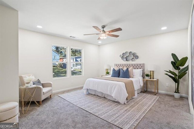 1270 Graymont Dr, Atlanta, GA 30310 - carpeted bedroom featuring baseboards, visible vents, recessed lighting, and a ceiling fan