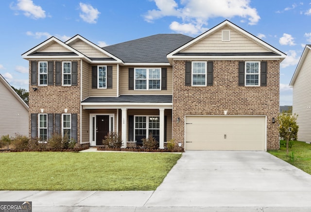 view of front of home featuring driveway, a garage, a front lawn, a porch, and brick siding