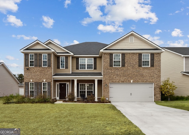 view of front of house featuring an attached garage, a front lawn, concrete driveway, and brick siding