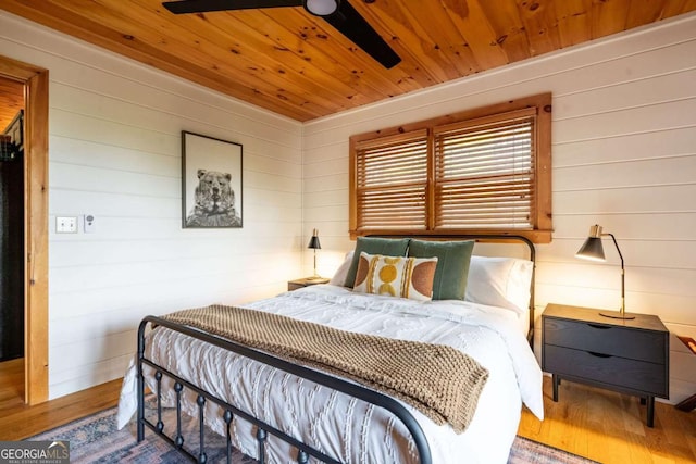 bedroom with wooden ceiling and wood finished floors