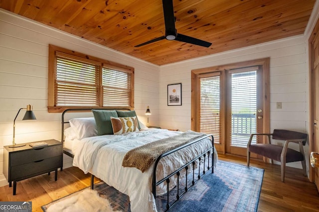 bedroom featuring a ceiling fan, wooden ceiling, wood finished floors, access to outside, and wood walls