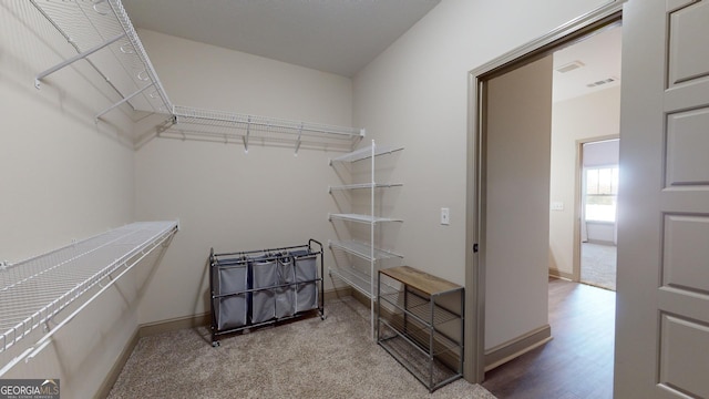 walk in closet featuring visible vents, wood finished floors, and carpet flooring