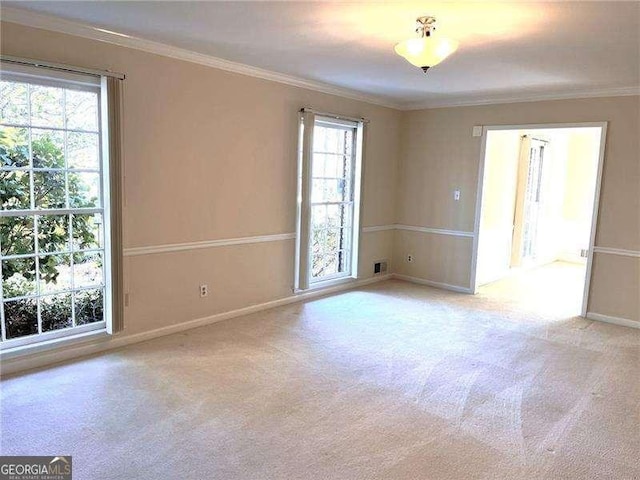 empty room featuring baseboards, carpet, visible vents, and crown molding