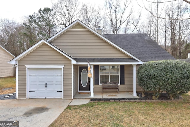 view of front facade with a shingled roof, concrete driveway, a chimney, an attached garage, and a porch