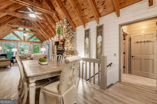 dining space with lofted ceiling with beams, wood walls, wood finished floors, wood ceiling, and a ceiling fan