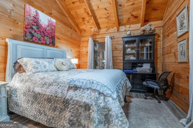 bedroom with wood ceiling, wood walls, lofted ceiling with beams, and wood finished floors