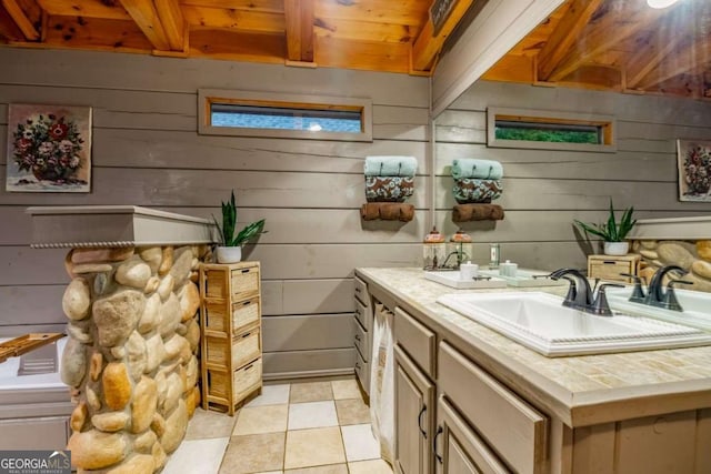 bathroom featuring wood ceiling, wooden walls, beamed ceiling, and vanity