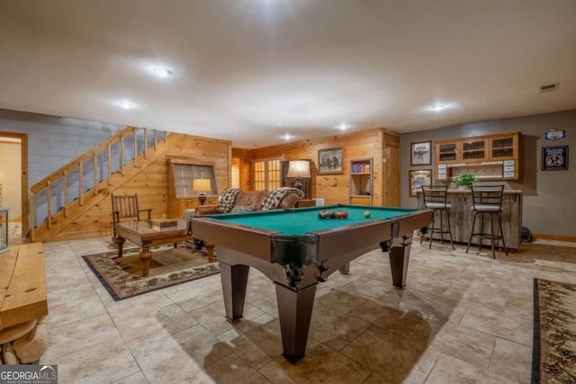 recreation room with recessed lighting, wooden walls, billiards, visible vents, and a bar