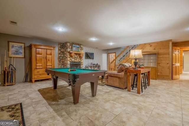 game room with billiards, a fireplace, and visible vents