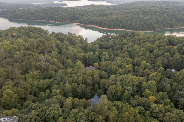 birds eye view of property with a water view and a view of trees