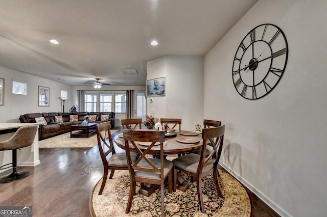 dining area featuring recessed lighting, ceiling fan, dark wood finished floors, and baseboards