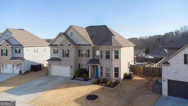 view of front facade featuring central air condition unit, fence, concrete driveway, a garage, and brick siding