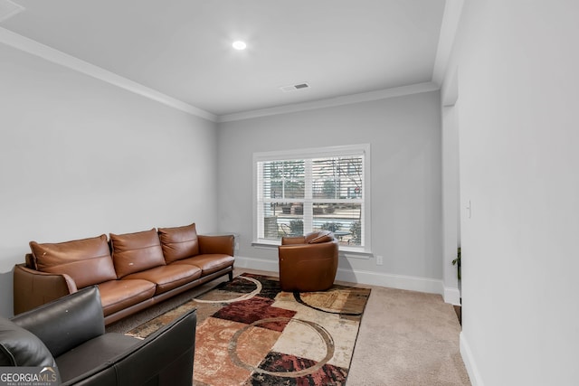 living room featuring baseboards, carpet, visible vents, and crown molding